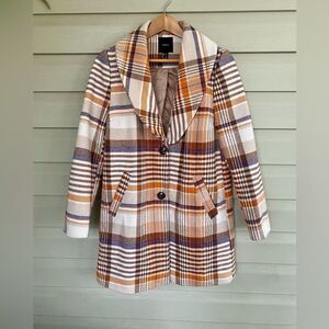 FOREVER 21 plaid peacoat preppy jacket cozy FALL brown cream orange EUC sz S